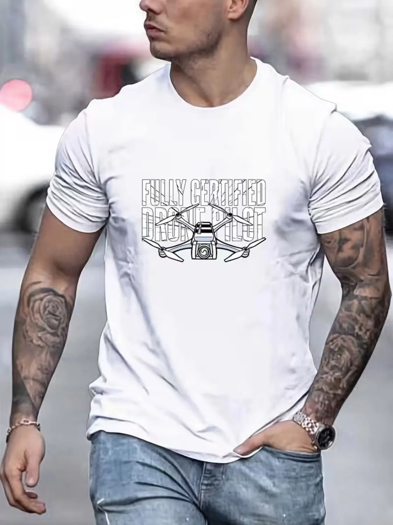 Vintage Distressed Bold Text Fully Certified Drone Pilot, Dual Layer Print, Middle Aerial Drone Embroidery, Unique Trendy Style