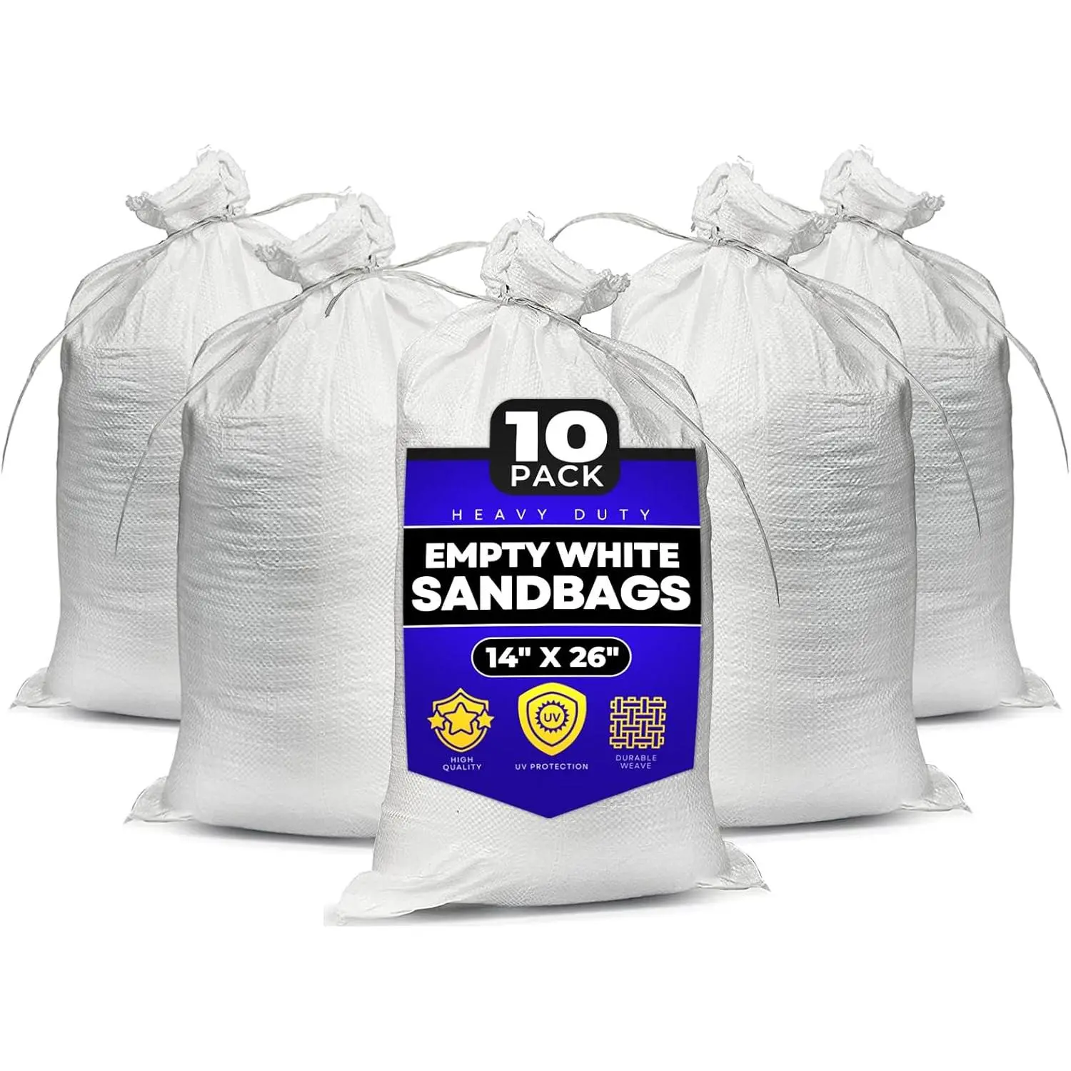 Sand Bags with Ties 14" x 26" - Sand Bags for Flooding, Woven Polypropylene Sandbags, 50 lbs Capacity, 14x26 inches, White