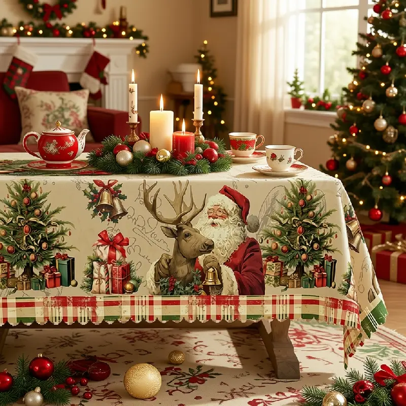 Christmas Santa Reindeer and Gift Plaid Printed Round Tablecloth - Festive Decor for Holiday Dining, Holiday Events - Polyester, Machine Washable, Multi-Size, Clearance Sale, One-Piece