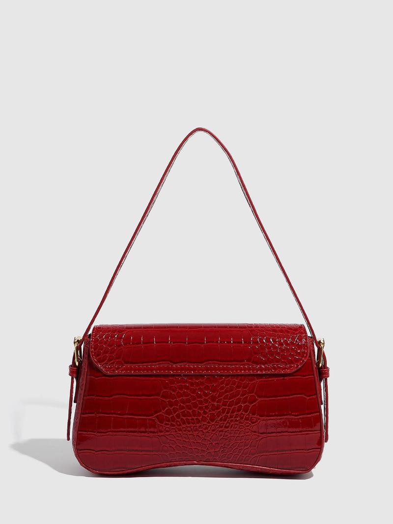Vintage Minimalist Women's Square Bag in Wine, Crocodile Pattern PU Leather Classic Flap Shoulder Bag, Versatile for Commuting and Parties
