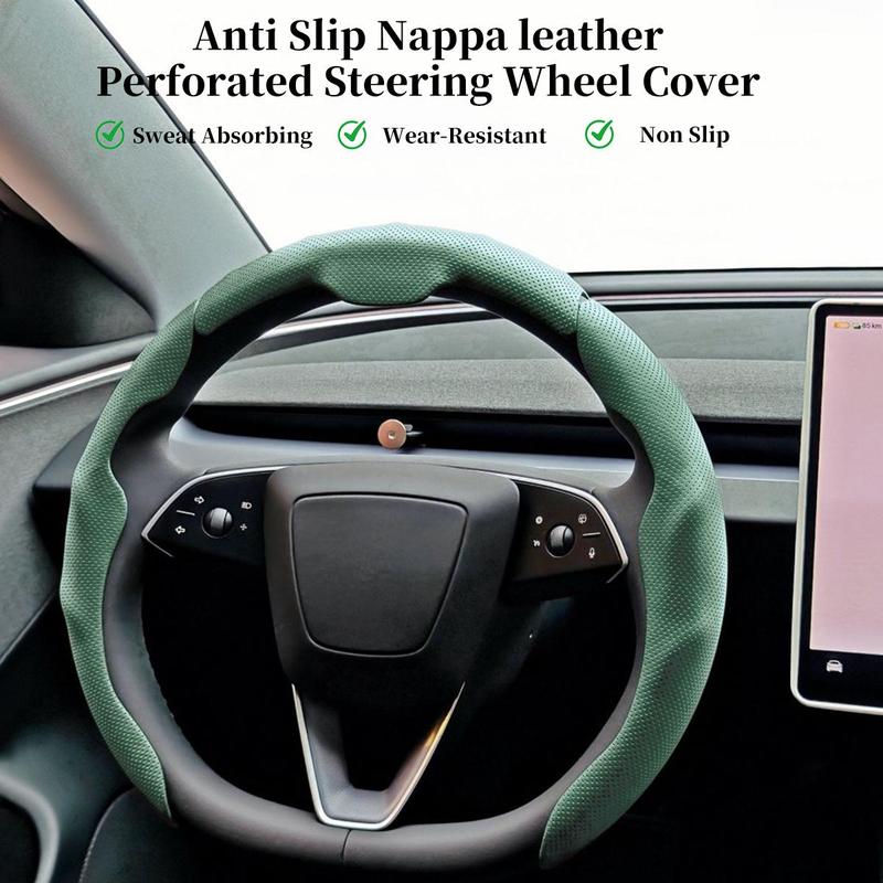 Nappa Leather Car Steering Wheel Cover, Quick Turn Non-Slip Breathable Ultra-Thin Cover, Universal 14.5-15 inch Car Steering Wheel Protector for Men Women, Suitable for Four Seasons, Car Accessories