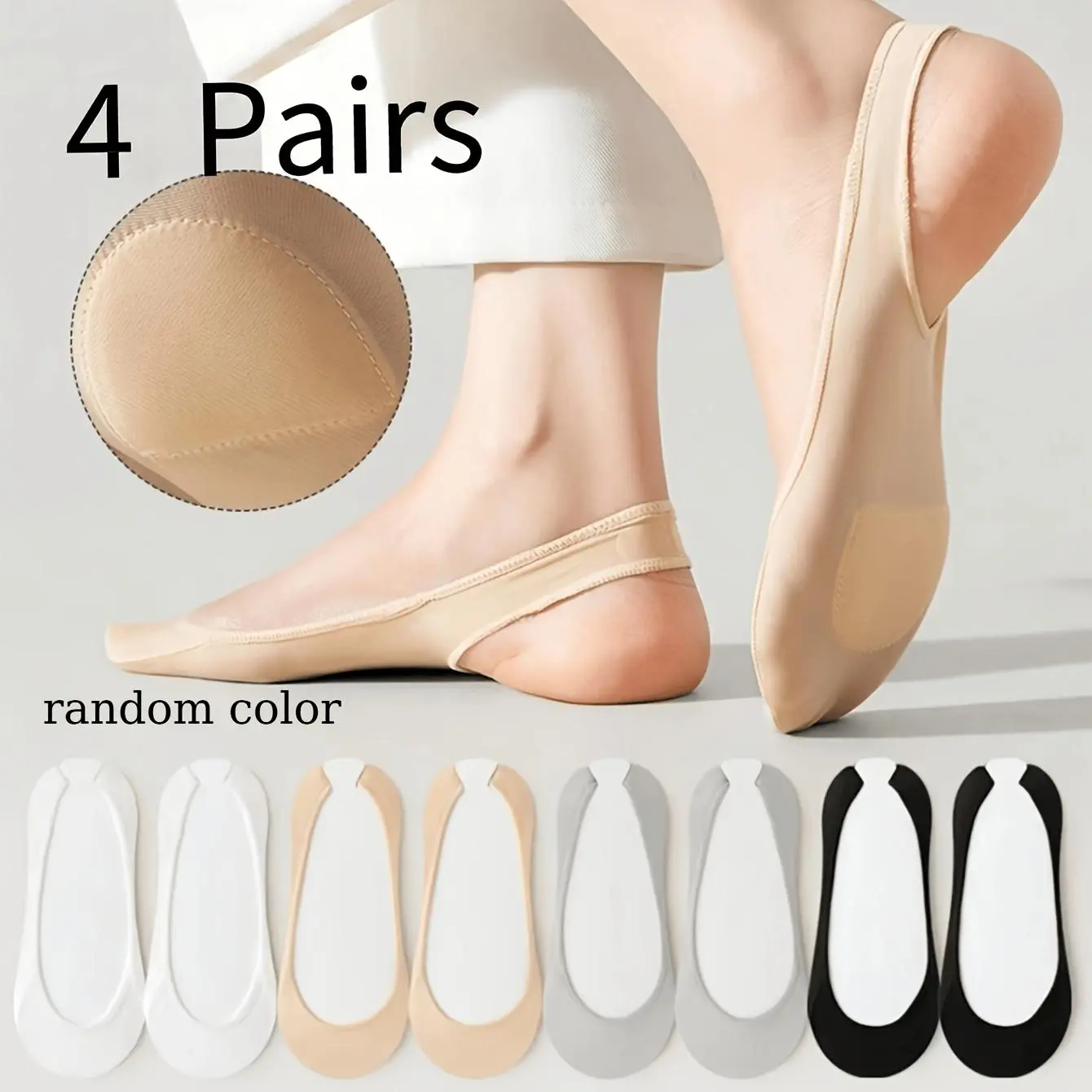 [Spring/Summer Style] Four Pairs of Women's Random Multi-Color Sponge-Soled Boat-Shaped Socks, Shallow-Cut Socks, Crystal High-Heel Socks, Heelless Invisible Socks, With an Arcuate Bottom, Openwork Wide-Band Invisible Socks, Spring/Summer Style