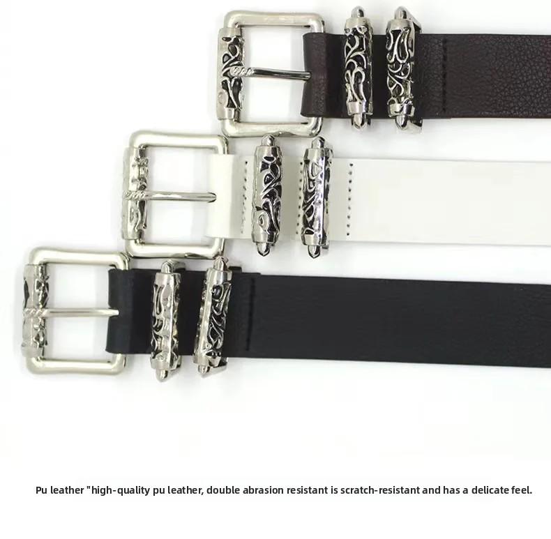 New Silver Alloy Engraved Roller Buckle Hollow Punk High Street Fashion Belt for Men And Women