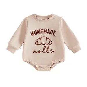 Infant Baby Boy Girl Thanksgiving Romper Croissant Embroidery Long Sleeve Fall Jumpsuits 0-18 Months