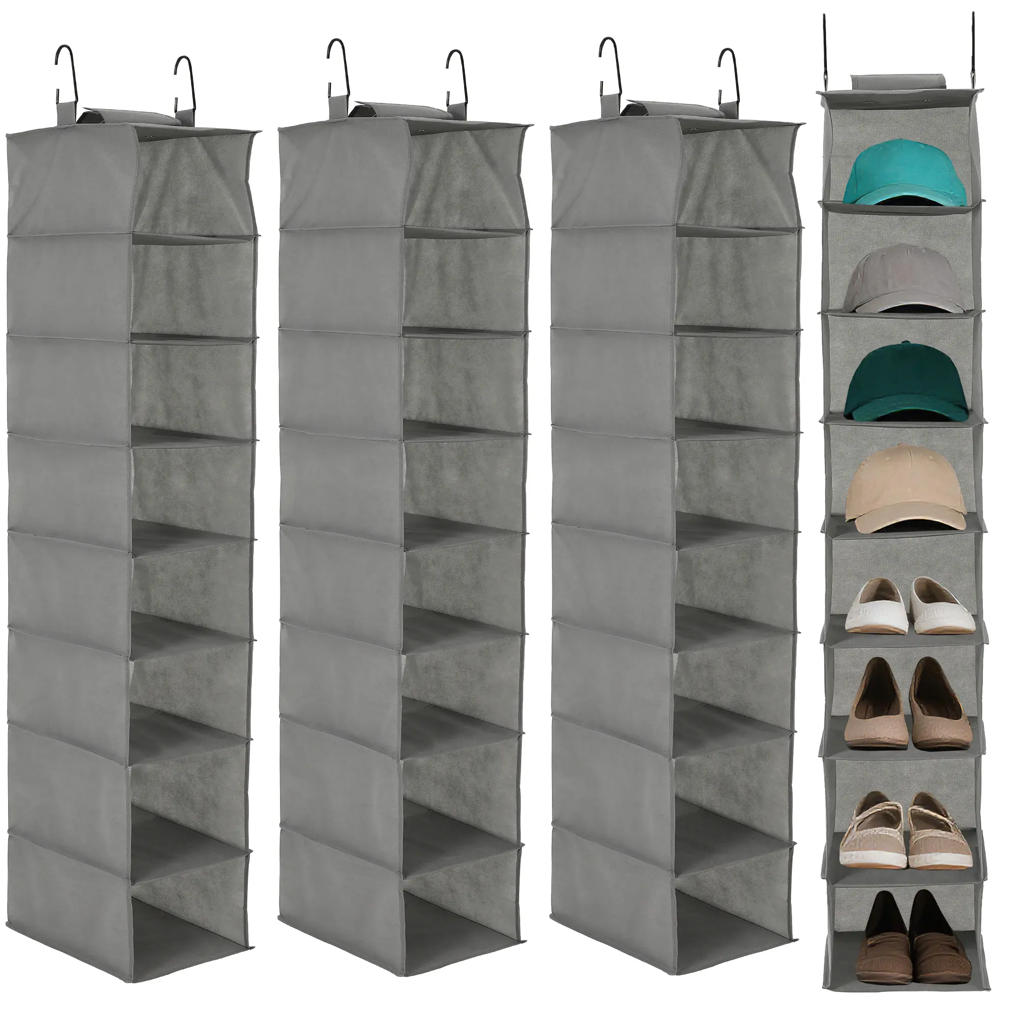 Space-Saving 3-Tier Hanging Closet Organizer – 8-Shelf Non-Woven Hat & Shoe Rack with Hooks – Easy No-Tool Installation – Ideal for Shoes, Purses, Scarves, Accessories – 3 Pack, 23×30×125cm