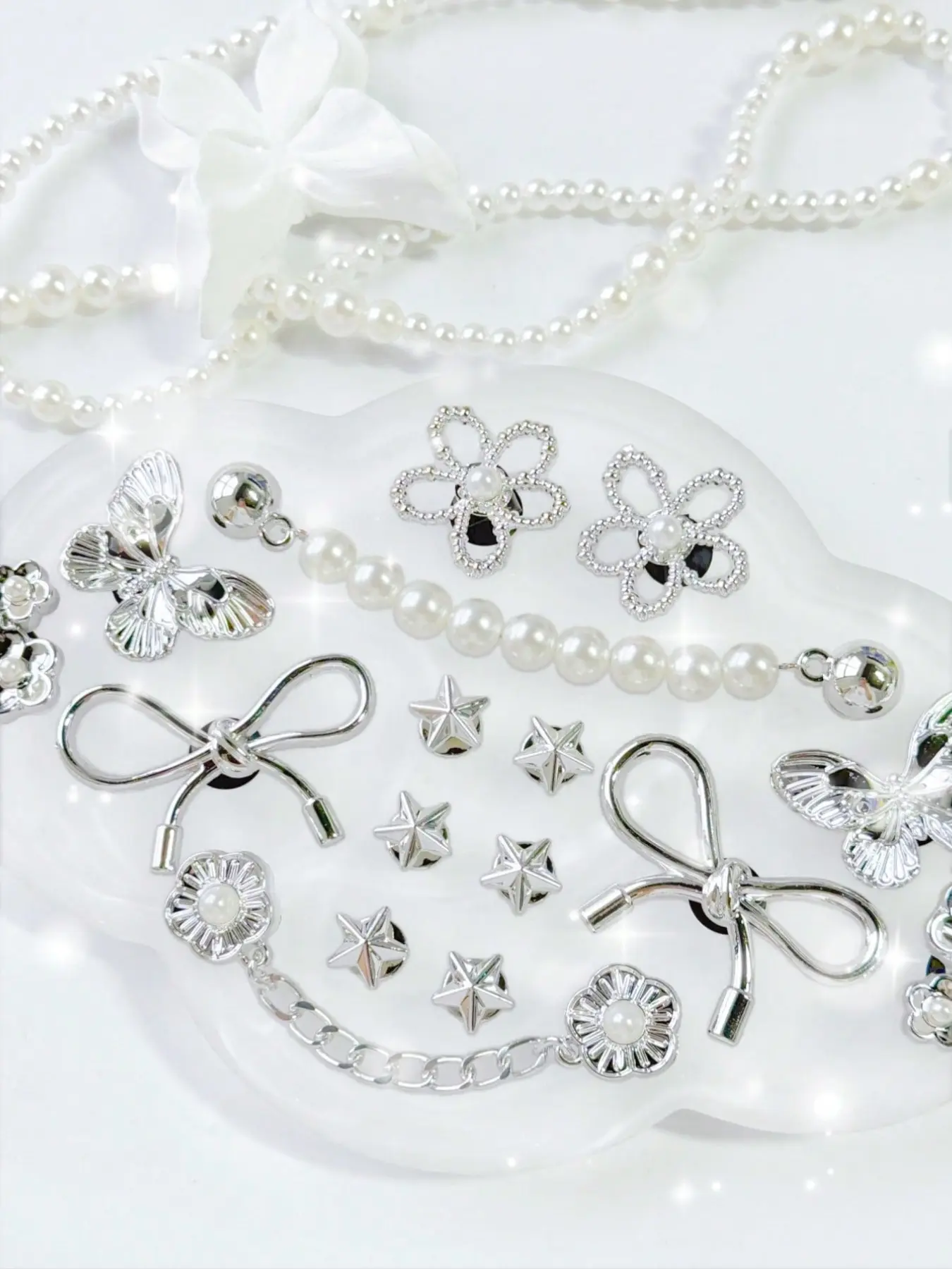 16pcs Silver Color Abs Rhinestone Chains, Cute Butterfly Flower Bow Star Shoe Clips, Shoe Decoration Charms, DIY Decorations for Women's Sandals Flip Flops Beach Bag