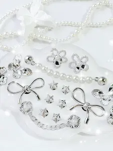 16pcs Silver Color Abs Rhinestone Chains, Cute Butterfly Flower Bow Star Shoe Clips, DIY Decorations for Women's Sandals Flip Flops Beach Bag