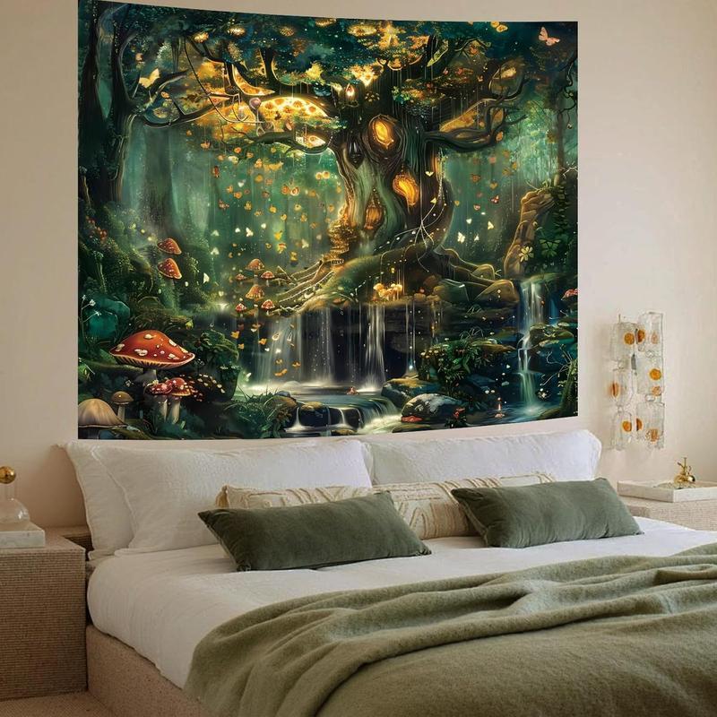 Forest Wall Tapestry for Bedroom, Nature Green Tree of Life Tapestries Wall Hanging, Fairy Tales Magical Landscape Backdrop Tapestry for Living Room Dorm Decor