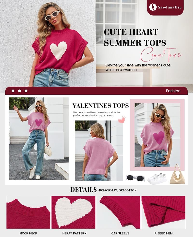 Saodimallsu Womens Cap Sleeve Cropped Sweater Mock Neck Cute Heart Loose Valentine Knit Tank Tops