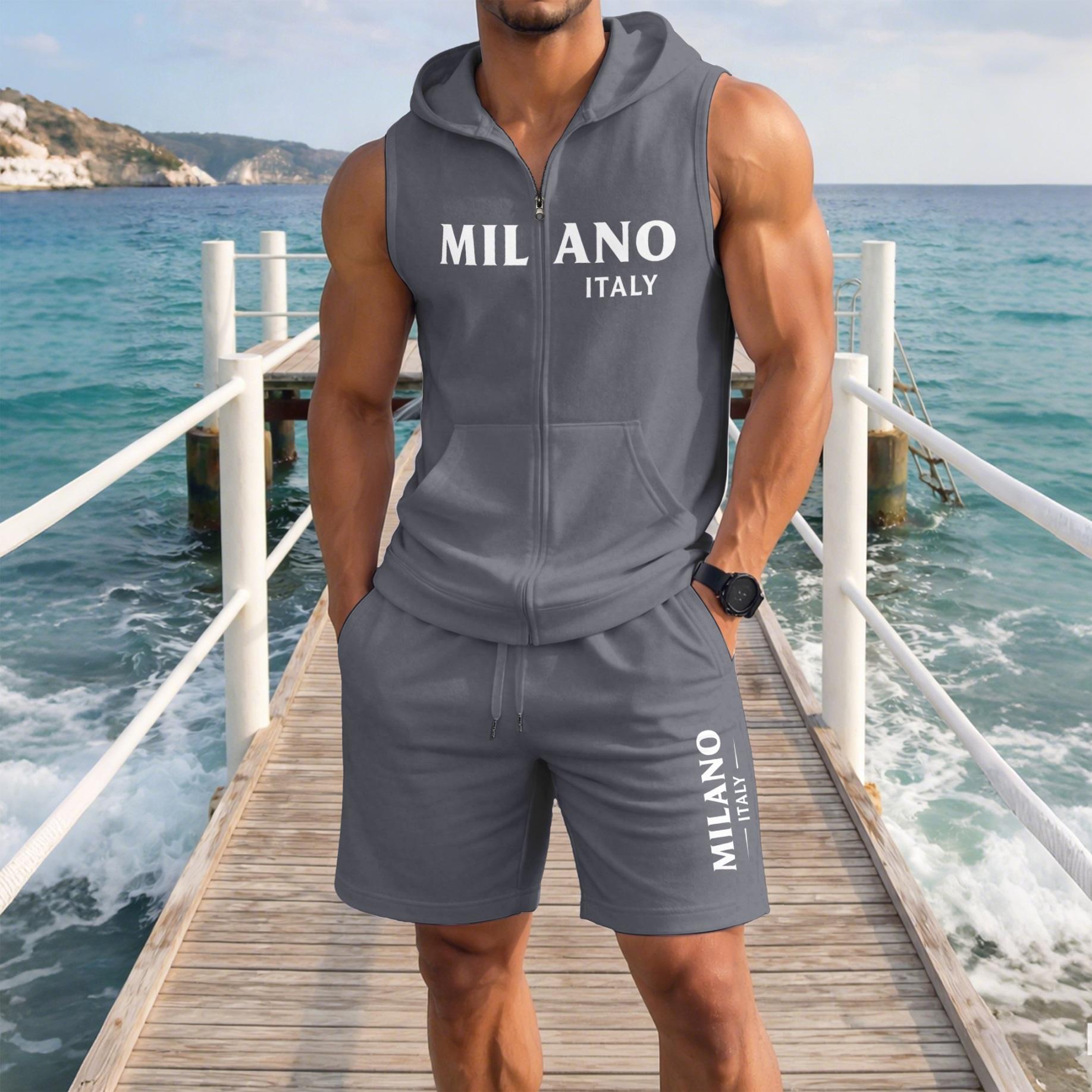 Men's Milano Italy Graphic Sleeveless Hoodie Shorts Set 2 Piece Outfit Milano Letter Print Zip Up Hooded Vest Drawstring Shorts Summer Casual Gym Workout Streetwear Breathable Lightweight Athletic Lounge Set