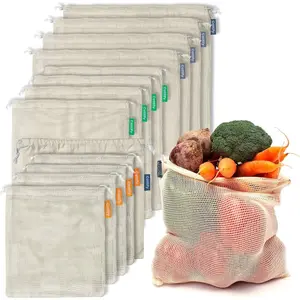 12+1 Reusable Washable Organic Cotton Mesh Produce Bags, Double-Stitched Tare Weigh, 4S 4M 4L for Vegetables Grocery Storage
