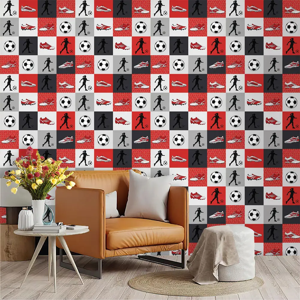 Red Black Checkered Football Loop PVC Self Adhesive Wallpaper, Removable Sticker For Home Wall Furniture Decoration