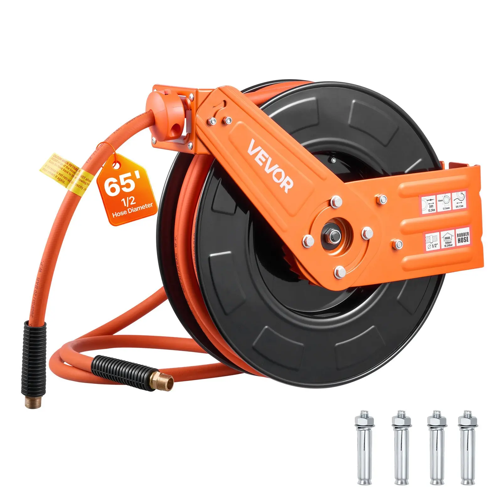 VEVOR Retractable Air Hose Reel, 1/2 Inch x 65 FT Rubber Air Hose Max 300PSI, Auto Rewind Air-Compressor Hoses Reel with 5 ft Lead in, Ceiling/Wall Mount for Garage Workshops