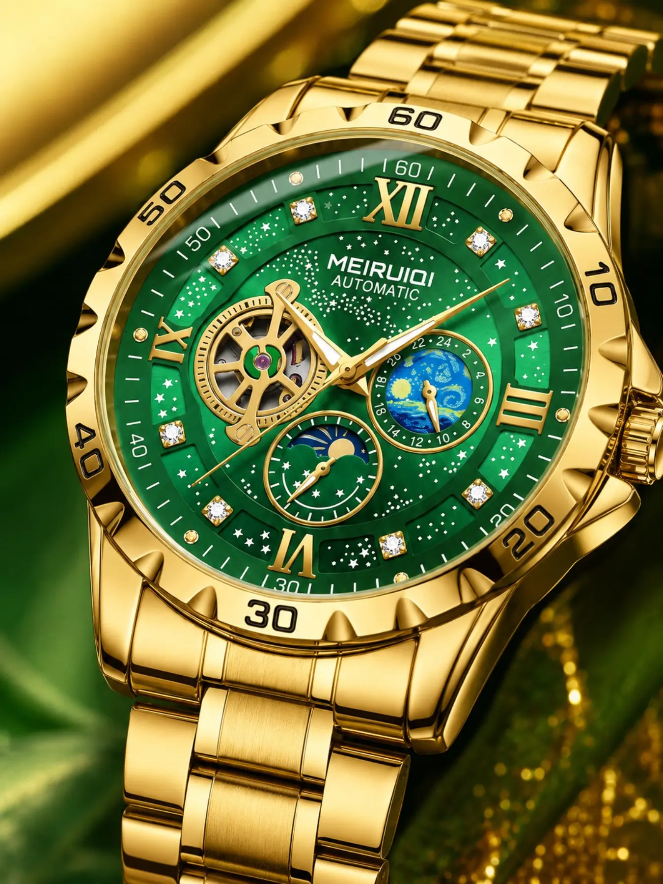 Men's Luxury Quartz Watch, Steel Band, Dreamy Dial, Diamond Roman Numerals, Multi-Function Subdials, Waterproof, Business Casual, Gift Idea