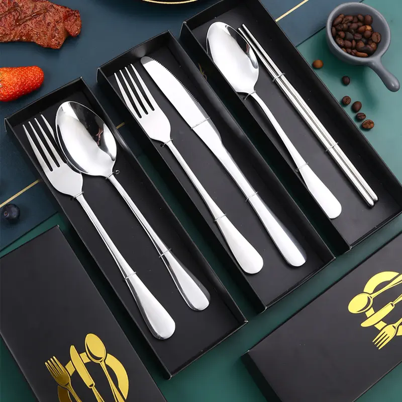 Portable Stainless Steel Tableware Gift Set, Knife Fork Spoon Chopsticks Cutlery Kit, Reusable Metal Flatware Set with Gift Box for Travel Daily Use
