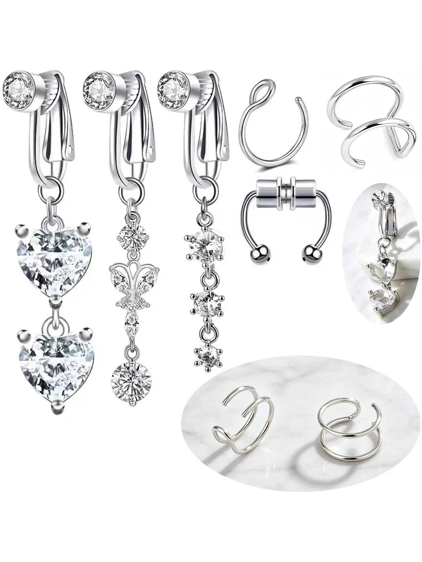 6 Pack Stainless Steel Heart Shiny CZ Long Dangle Non Piercing Jewelry, Magnetic Nose & Belly Fake Cuffs Rings For Girls Belly Button Rings
