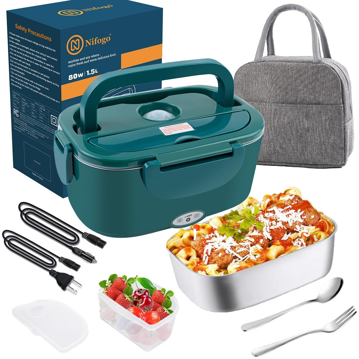 Nifogo Electric Lunch Box for Adults 80W Food Warmer Lunch Box 1.5&1.8L Stainless Steel Container&Bag Tableware 12V/24V/110V for Car/Truck/Work