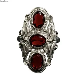 Symmetrical Wing Filigree Triple Red Gem Tall Statement Ring, Ideal for Bohemian Outfit Styling, Cocktail Events, Vacation Wear & Upscale Elegant Sentimental Gifts for Her