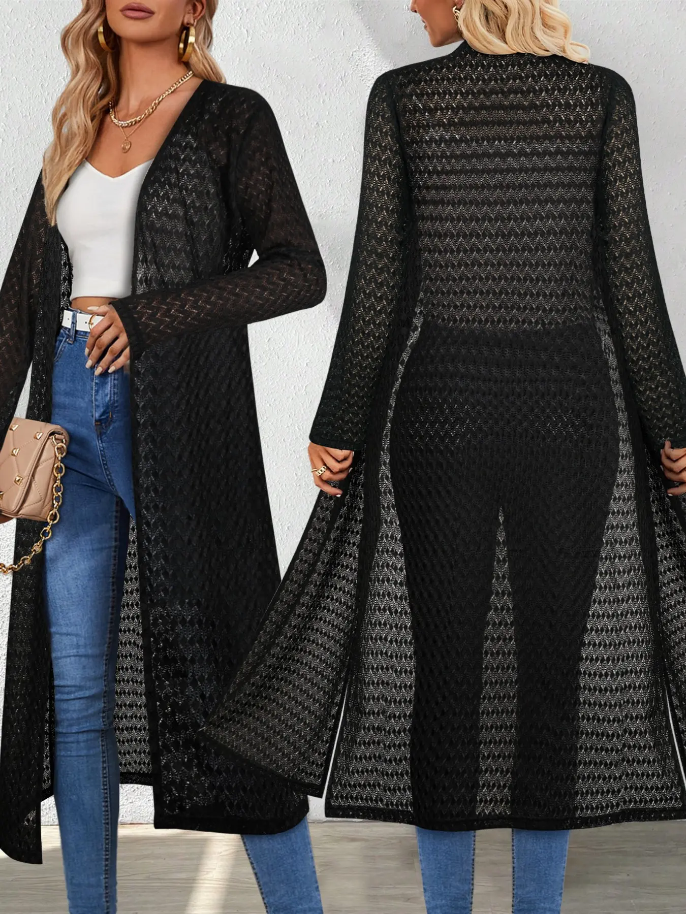 Women's Transitional Season Solid Color Long Sleeve Side-Slit Knitwear Cardigan Longline Lounge Cover-Up for Everyday Casual Wear Knitting Casual Fashion Knit