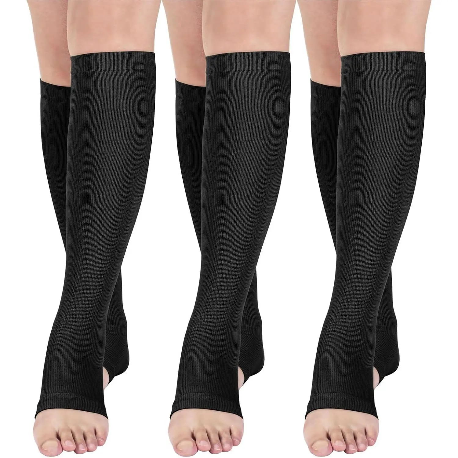 Female Adults' Compression Stockings, 3 Pairs Open Toe Nylon Spandex Athletic Support (15-20 mmHg) for Running, Flight Travel - Do Not Iron, Nylon Blend, Compression Socks Women, Travel Support, Sports Compression Socks, Machine Wash