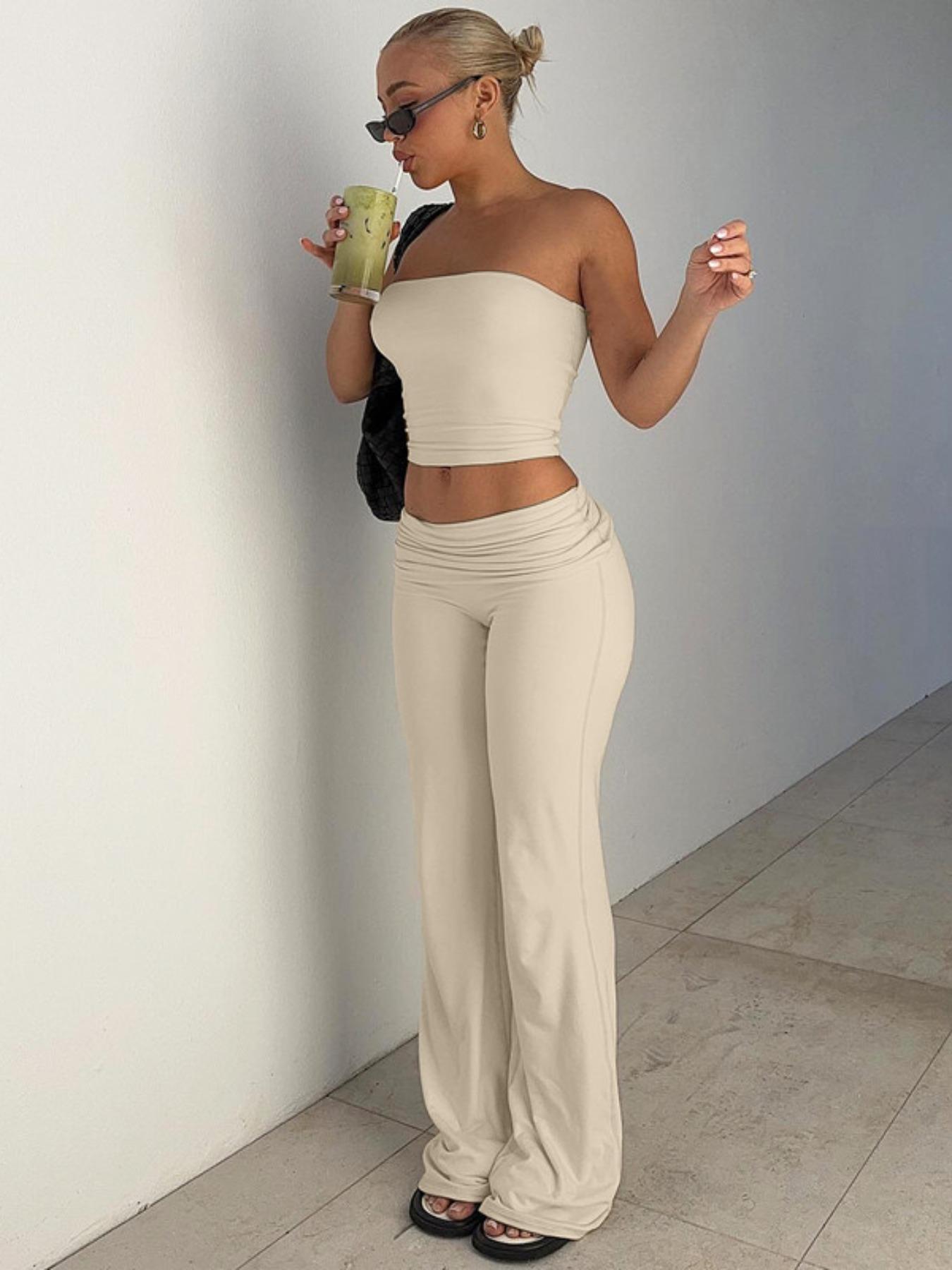 Ocean Style 2026    Two-Piece Set Women's Solid Crop Tube Top & Foldover Waist Flare Leg Pants, Casual Fashion Cozy Outfits for Daily Outdoor Wear, Ladies Clothes for Summer