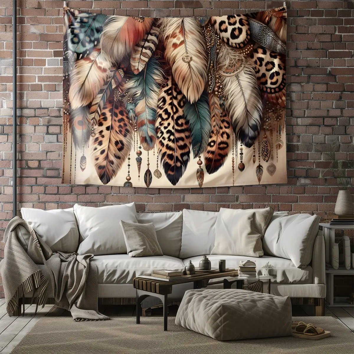 Boho Leopard Print Feather Wall Tapestry, Vintage Southwest Tribal Beaded Tassel Wall Hanging, Retro Western Cowgirl Aesthetic Wall Decor, Bohemian Hippie Bedroom Backdrop Tapestry