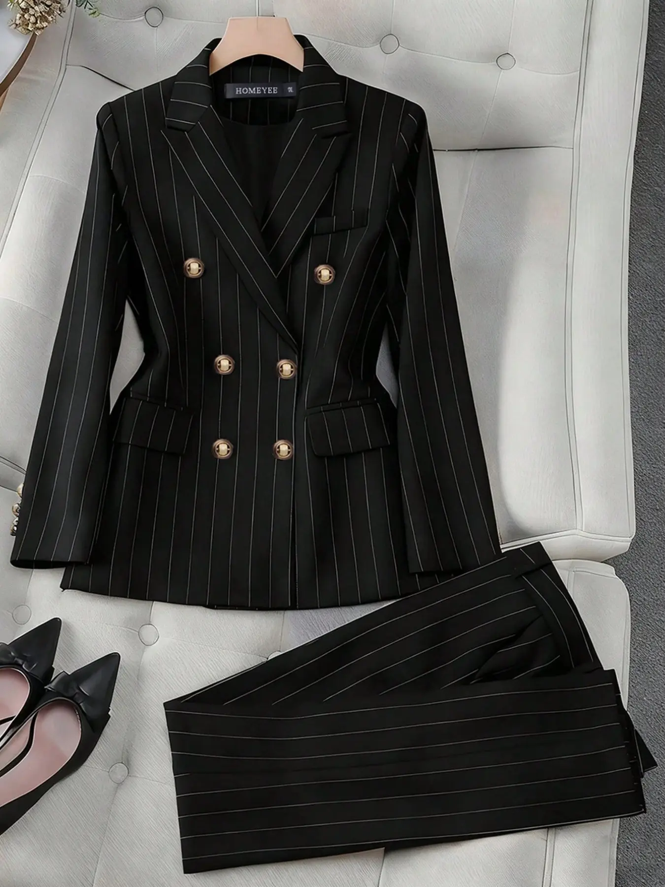 Women's Vertical Stripe Two-Buckle Suit Set, Professional Interview Commute, Slimming Tailored Blazer and Pants Two-Piece Set