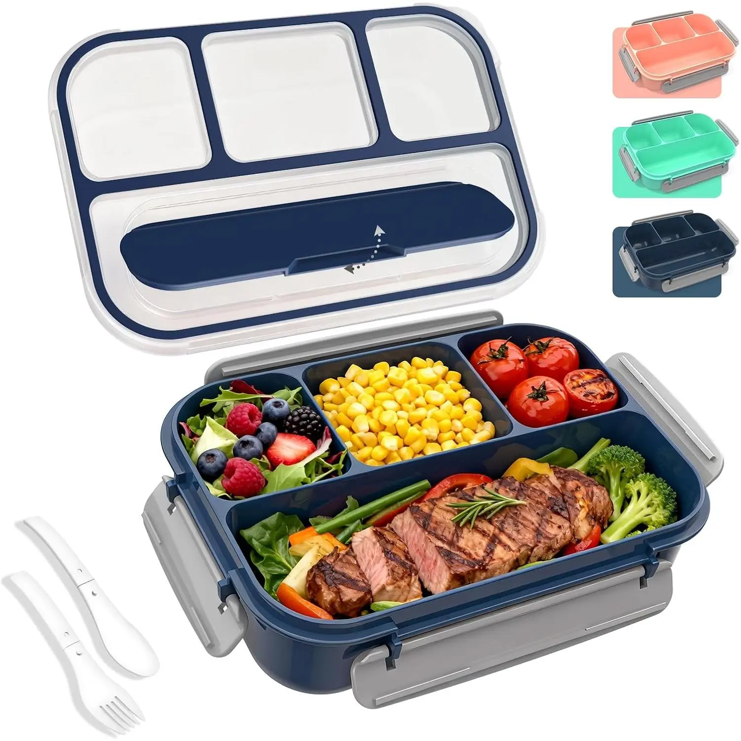 Bento Lunch Box, 1300ML 4 Compartments Meal Prep Container with Utensil, Airtight  Storage Container with Snap Locking , Microwave/Dishwasher/Freezer Safe,  the Go