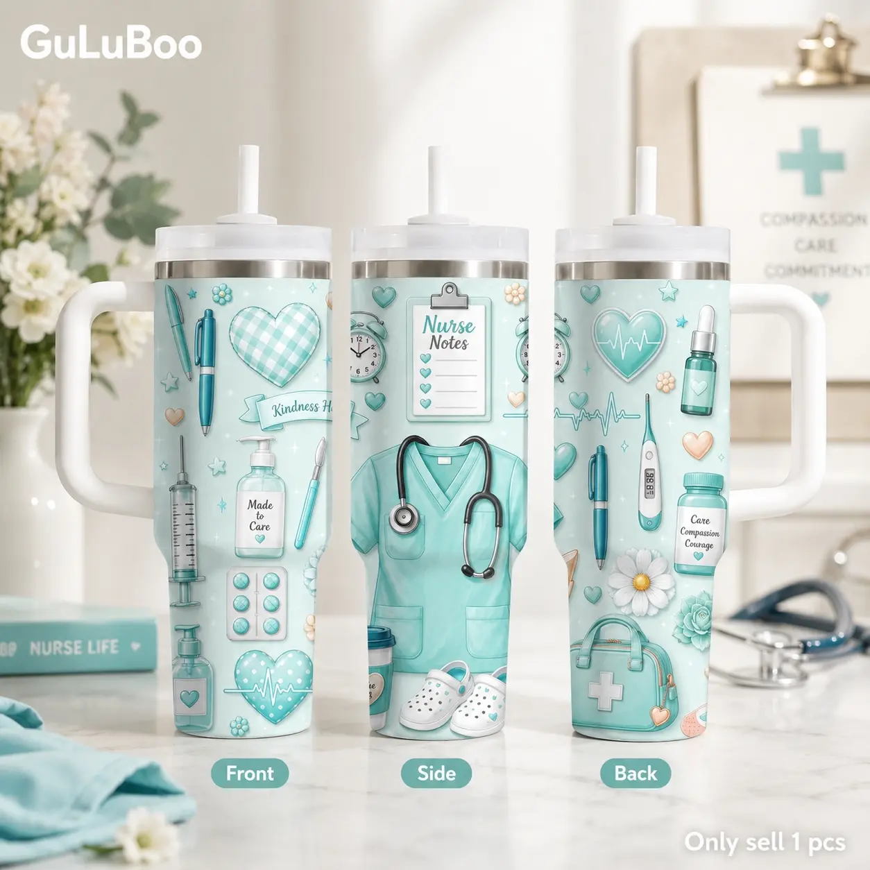 Cute Nurse Life Watercolor Clipart Vacuum Flasks 40oz Stainless Steel Tumbler with Handle & Straw – Vacuum Insulated Travel Mug, Keeps Drinks Cold Up to 24H, Leak-Resistant Cup for Iced Coffee, Water, Gym, Office & Travel