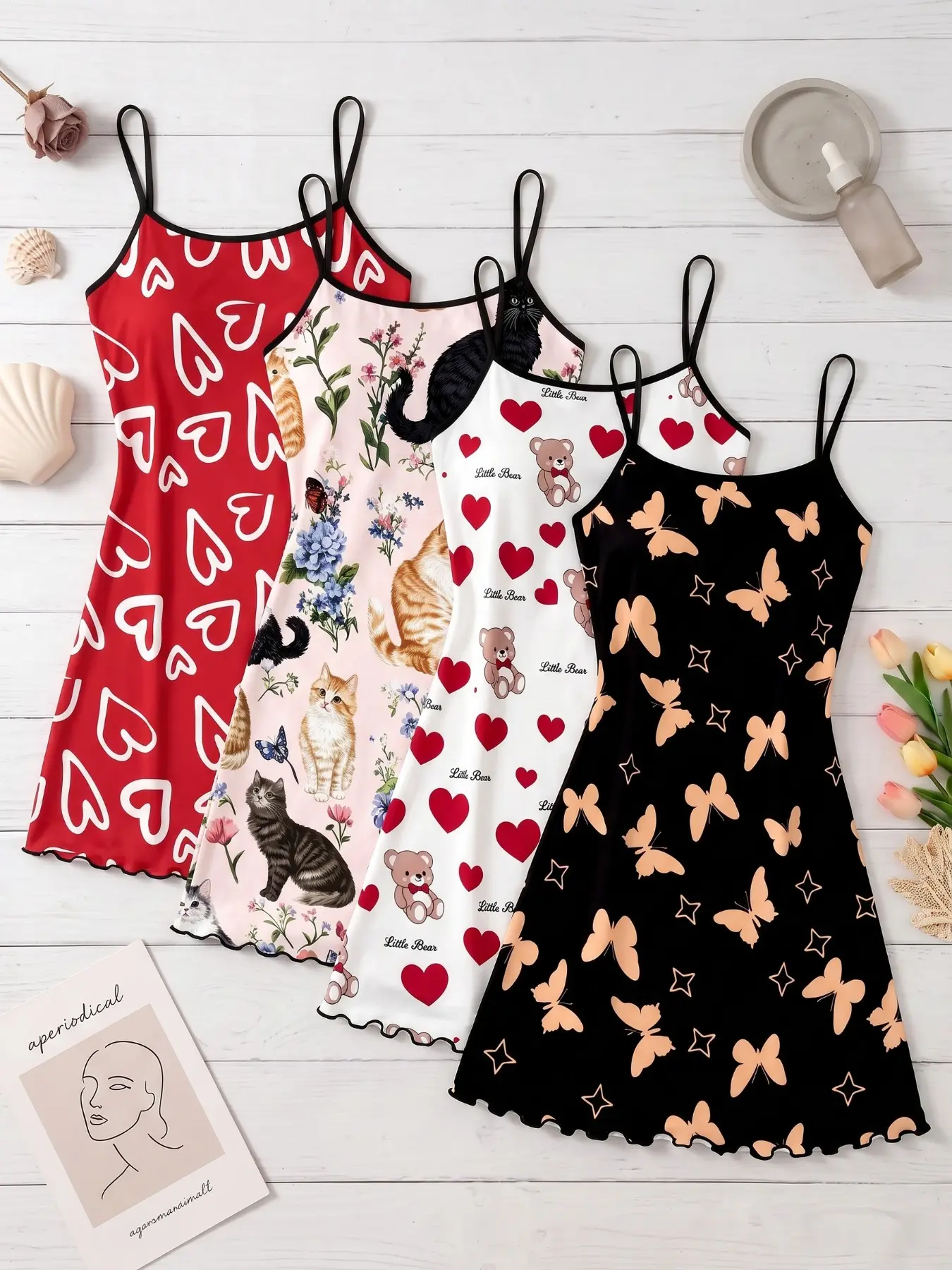 4-Pack Women's Strapless Nightdresses, Butterfly Heart Cat Bear All-Over Print, Sweet Home Wear for Spring Summer, Casual Fitted H-Type Nightwear