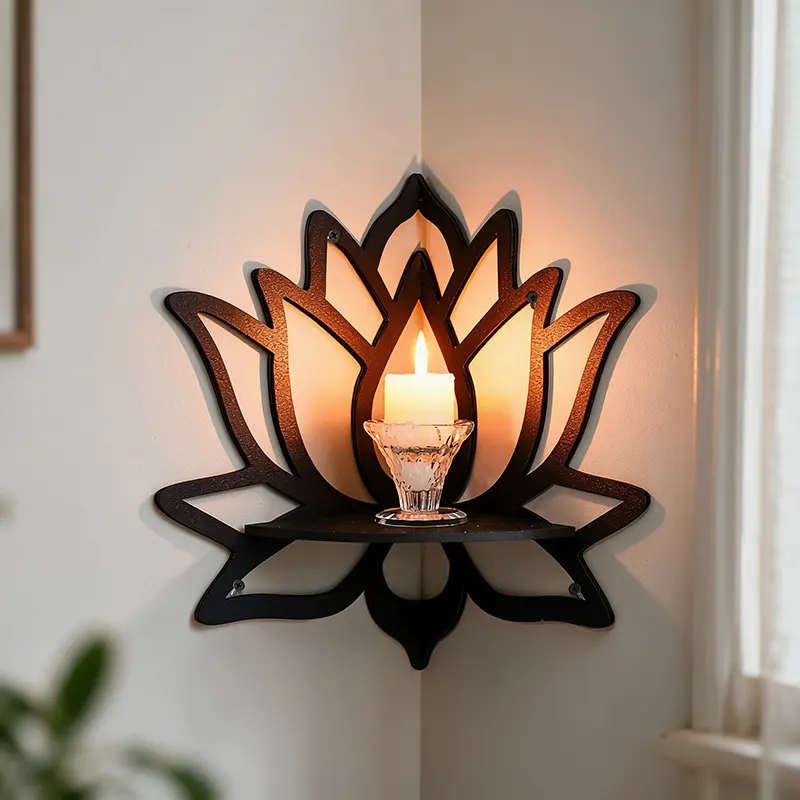 Zen Lotus Corner Shelf, Wooden Lattice Candle Holder, Creative Wall Cabinet, Wooden Wall Rack, Decorative, Space Saving Design, Mounted Shelf, Ideal for Home Decor, Wall Decoration, Meditation Corner Lighting