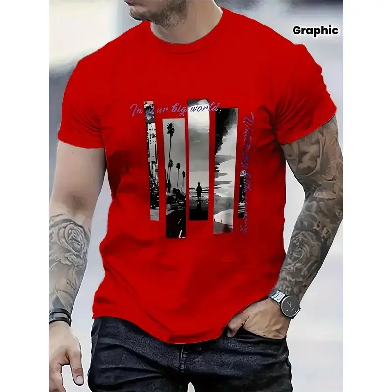 Men'S Stylish Red Graphic T-Shirt - , Short Sleeve Crew Neck, Comfort Fit for All Seasons, Casual Streetwear with Palm Tree & In Your Big World Design, Everyday Tshirt  Bold Graphic Tee  Smooth Texture Fabric graphic tee