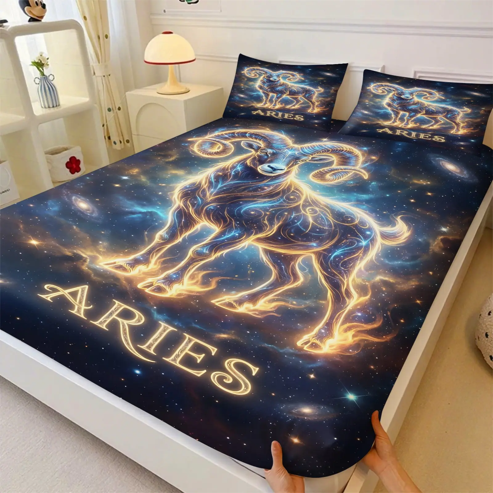 12-Zodiac Themed Bedding Set – 3-Piece Galaxy & Aries Pattern Fitted Sheet Set; Mystical Starry Sky Bedroom Decor; Soft Microfiber; Suitable for Adults and Teens (1 Fitted Sheet + 2 Pillowcases); 12 zodiac designs to choose from.