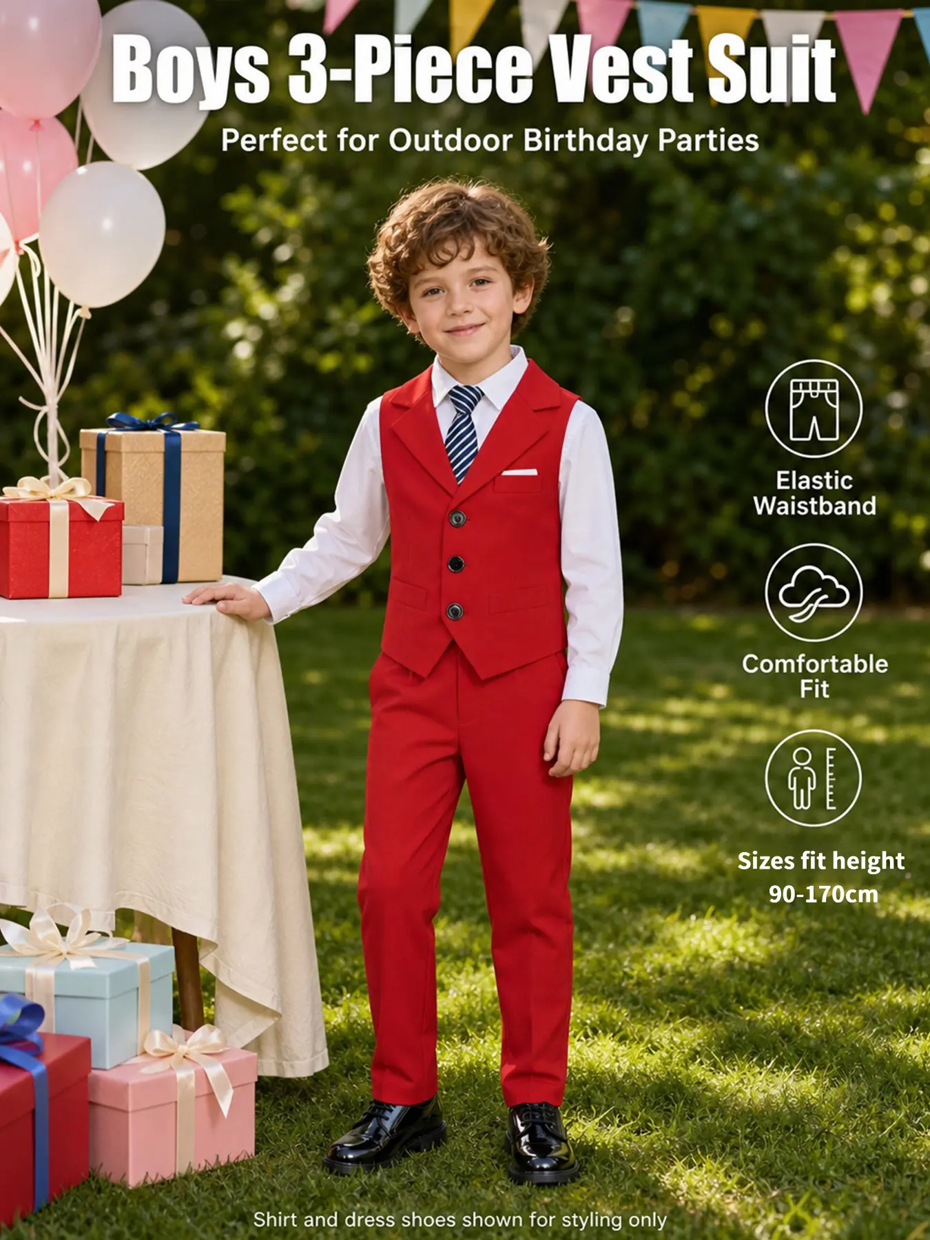 Boys 3 Piece Formal Suit Set, Lapel Vest + Elastic Waist Pants + Striped Tie, Kids Wedding Page Boy Outfit, Fit Height 90-170cm, 5 Colors Available for Party Performance Back to School！