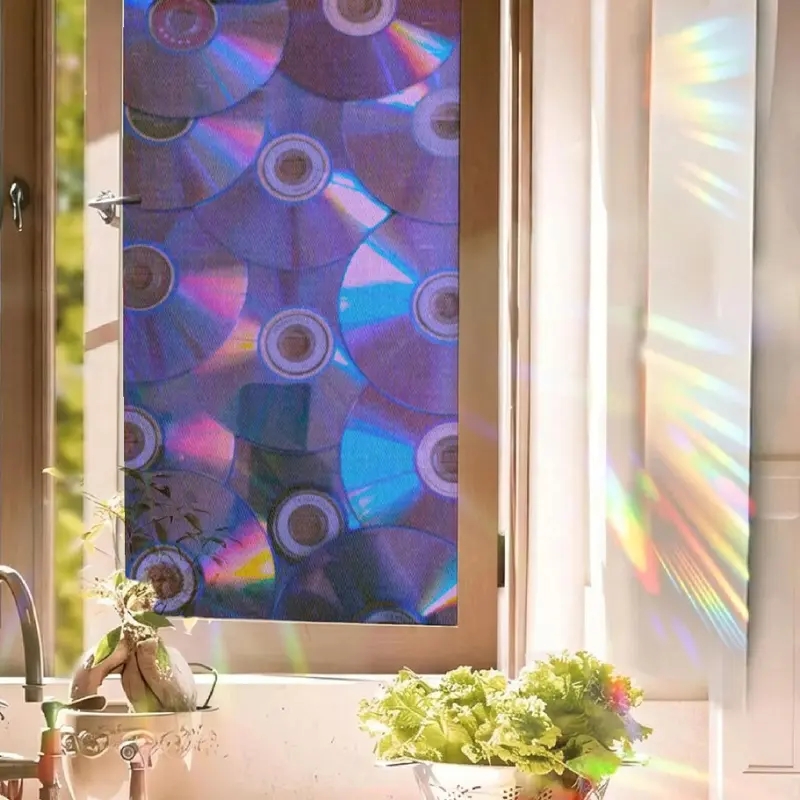 Holographic Rainbow CD Pattern Window Privacy Film, Static Cling Glass Sticker, Decorative Anti-UV Window Decal for Kitchen Bathroom Home window decal window sticker window cling Removable Window Decal