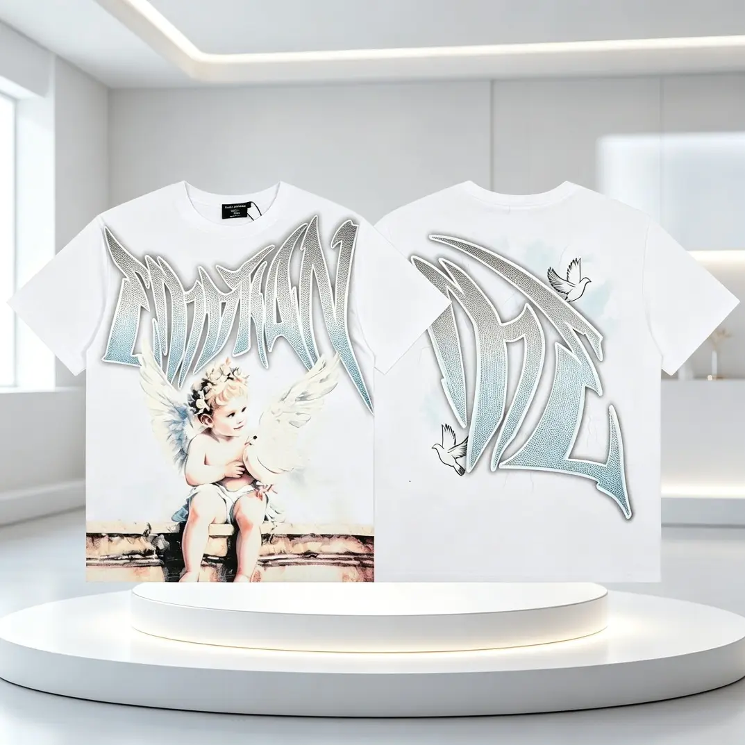 Trending Mixed Emotion Angel Baby Rhinestone Graphic T-Shirt Cotton Tee Oversized Y2K Streetwear Hip Hop Fashion Casual Summer Top Soft Breathable Unisex Couple Gift