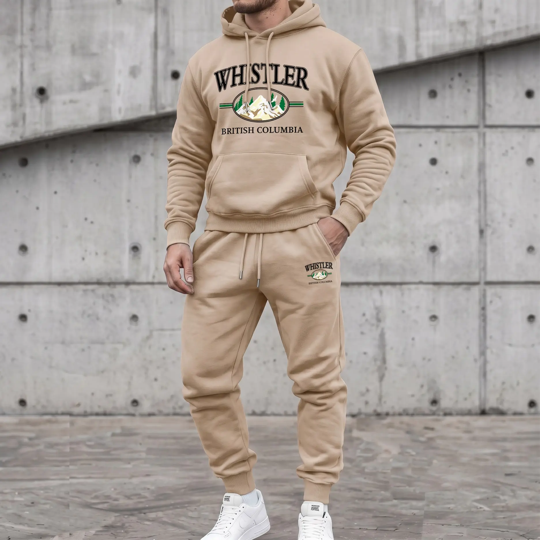 Men's Minimalist Loose Menswear 2-Piece Whistler British Columbia Mountain Print Hoodie & Sweatpants Set - Casual Long-Sleeve Drawstring Pullover, Jogger Pants for Fall Winter Daily Wear, Outdoor Activities, Fabric, Longsleeves, Polyester, Breathable, Let