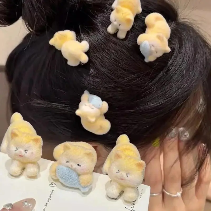 1/2pcs New Cat Flocking Hair Clip Plush Cute Cat Fish Hairpin Sweet Kawaii Hair Clips for Girls Kids Headwears Deraction Gifts