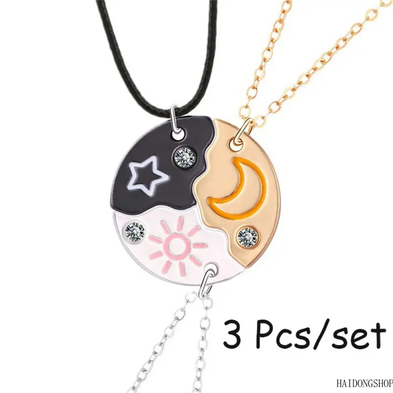 Soft Minimal Star Moon Trio Matching Necklace, High-End 3Pcs Alloy Enamel Split Round Pendant Set, Dainty Friendship Jewelry For Three Besties Daily Casual Layering Outfits,niki,safety,pin