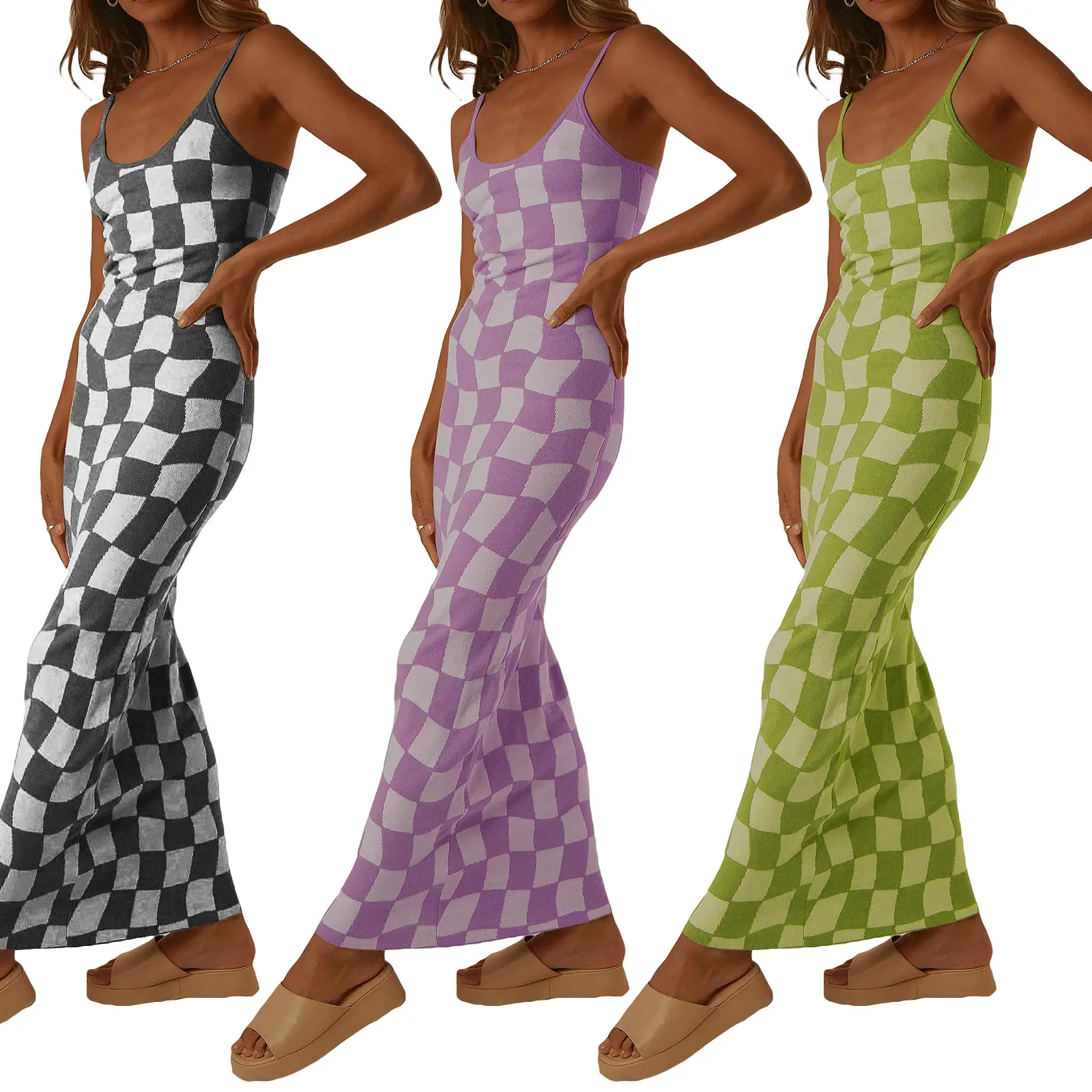 Women´s Summer Long Cocktail Dress Sleeveless Checkerboard Print Spaghetti Strap Dress