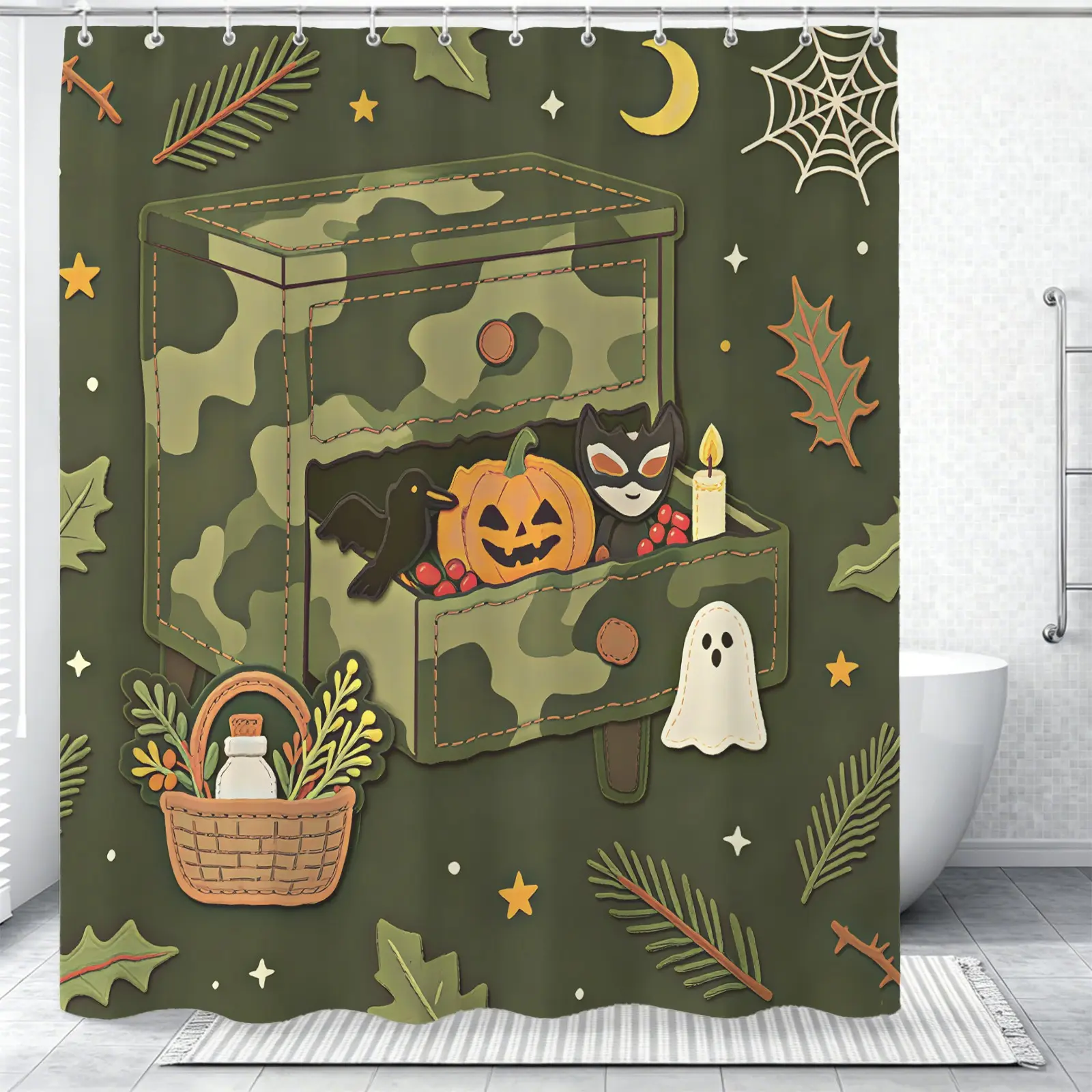 Camo Halloween Felt Patch Print Shower Curtain With 12 Hooks, Waterproof Quick Dry Washable Fabric, Rustic Cabin Bathroom Partition Decor