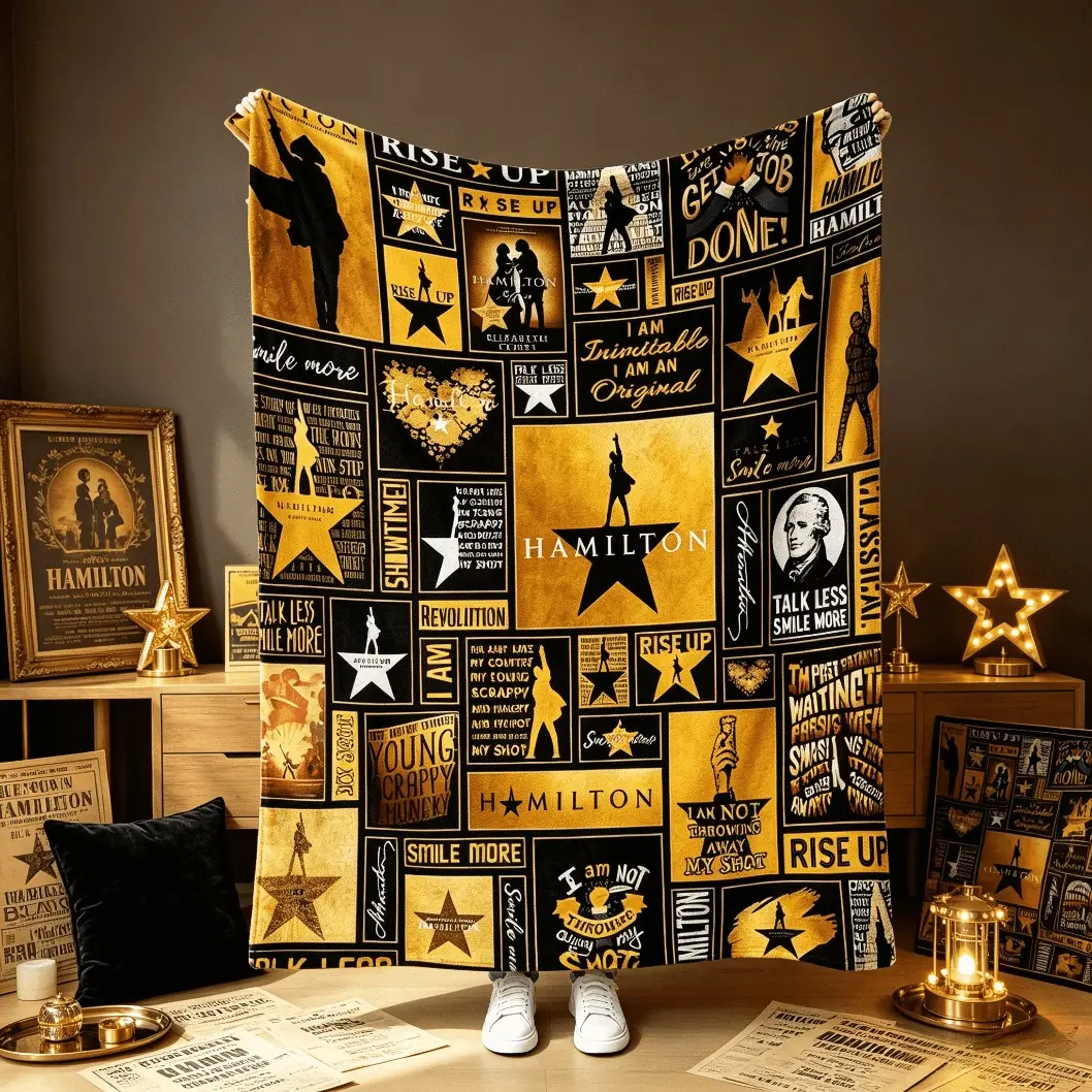 Hamilton Inspired Musical Printed Flannel Blanket, Broadway Style Music Throw Blanket, Soft Cozy Cover for Bedroom Sofa Air Conditioned Rooms Home Decor, Classic Theater Theme Gift for Adults Kids Fans, Cooling Blanket, Blankets Bedding