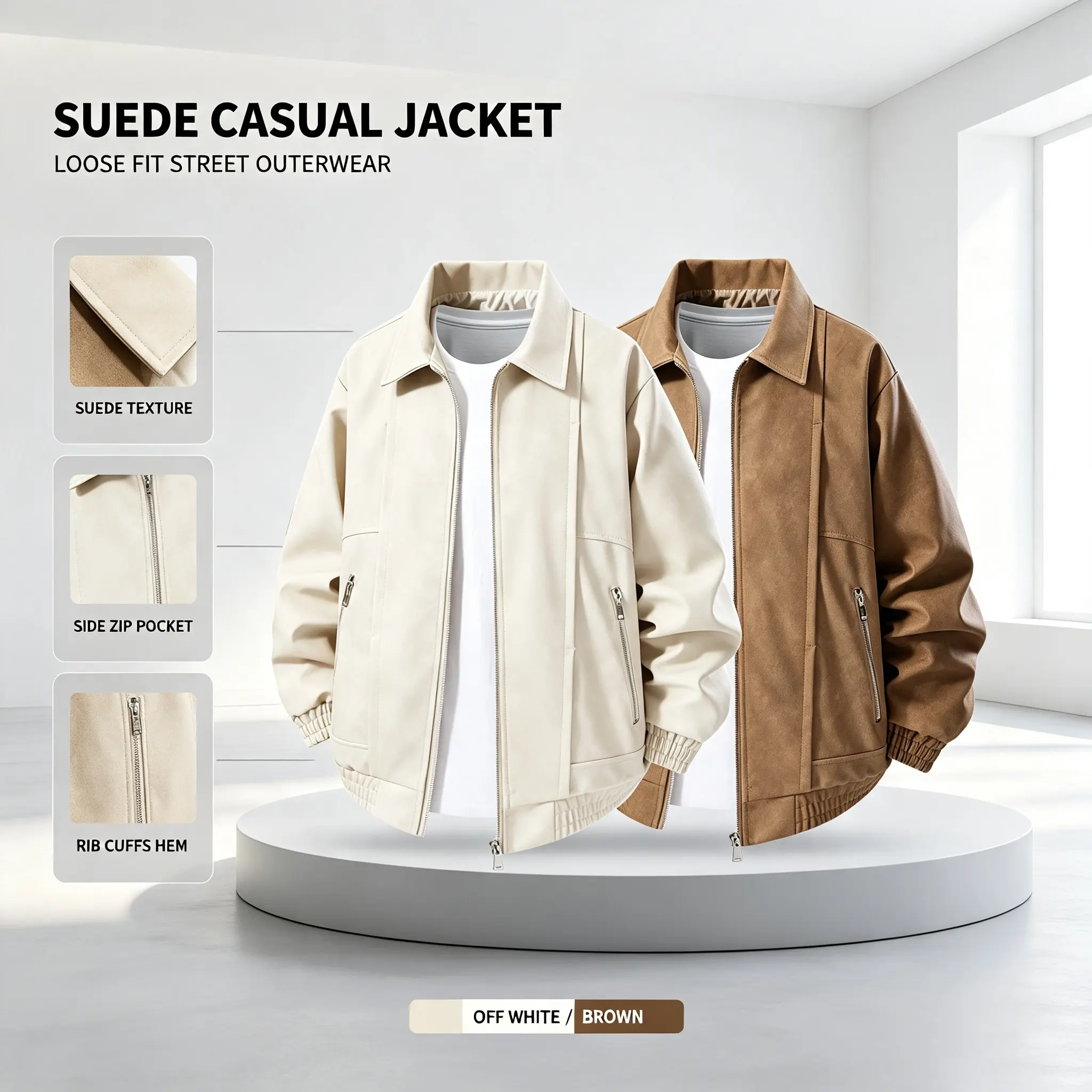 Men's Casual Turn Collar Faux Leather Jacket Multi Zip Pockets Hip Hop Street Long Sleeve Outer Coat