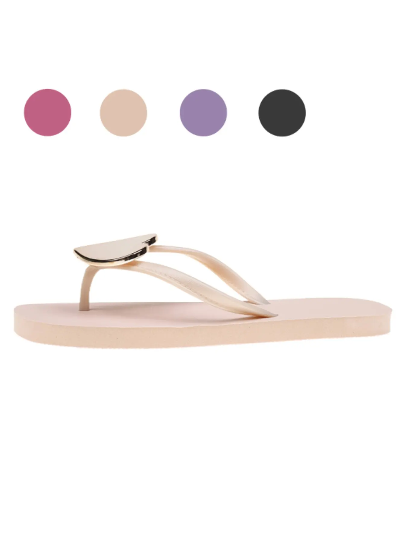 Women's Beige Flip Flops with Metal Heart Decor, Thick Non-Slip Sole, Summer Outdoor Beach Slippers