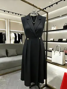 Women's Blazer Neck Sleeveless Midi Dress, Elegant V-Neck Button A-Line Office Dress 8646, Stylish Professional