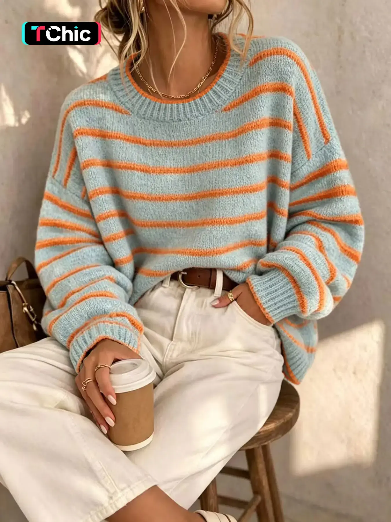 Women's Round Neck Colorblock Striped Loose Fit Long Sleeve Knit Sweater, Casual Fall Winter Pullover, Fashionable Daily Wear
