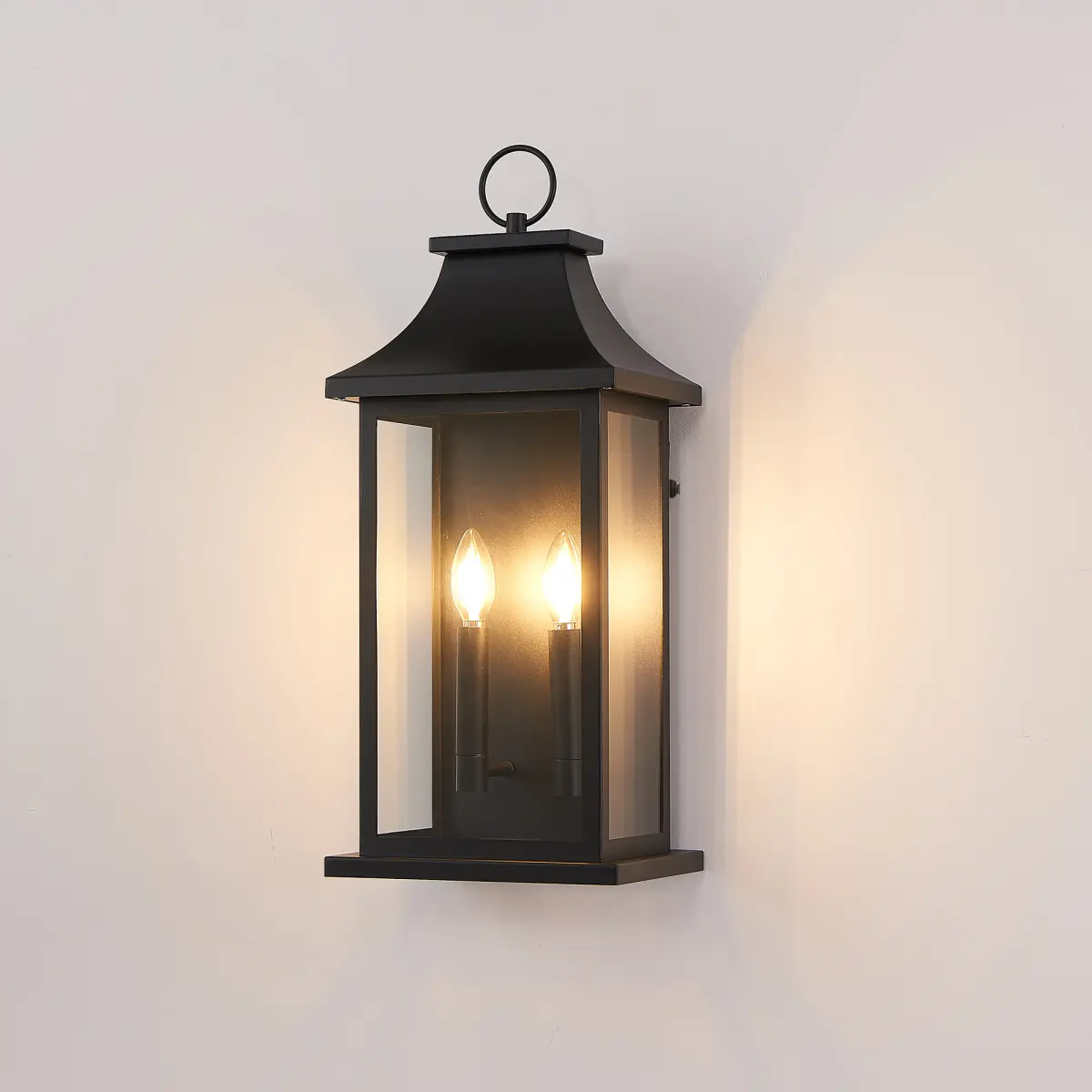 Dusk to Dawn Outdoor Wall Lantern 2-Light, 22.2" Large Outside Wall Sconce, Modern Black Wall Light Fixture with Glass, Waterproof Exterior Lamp for House, Porch, Garage