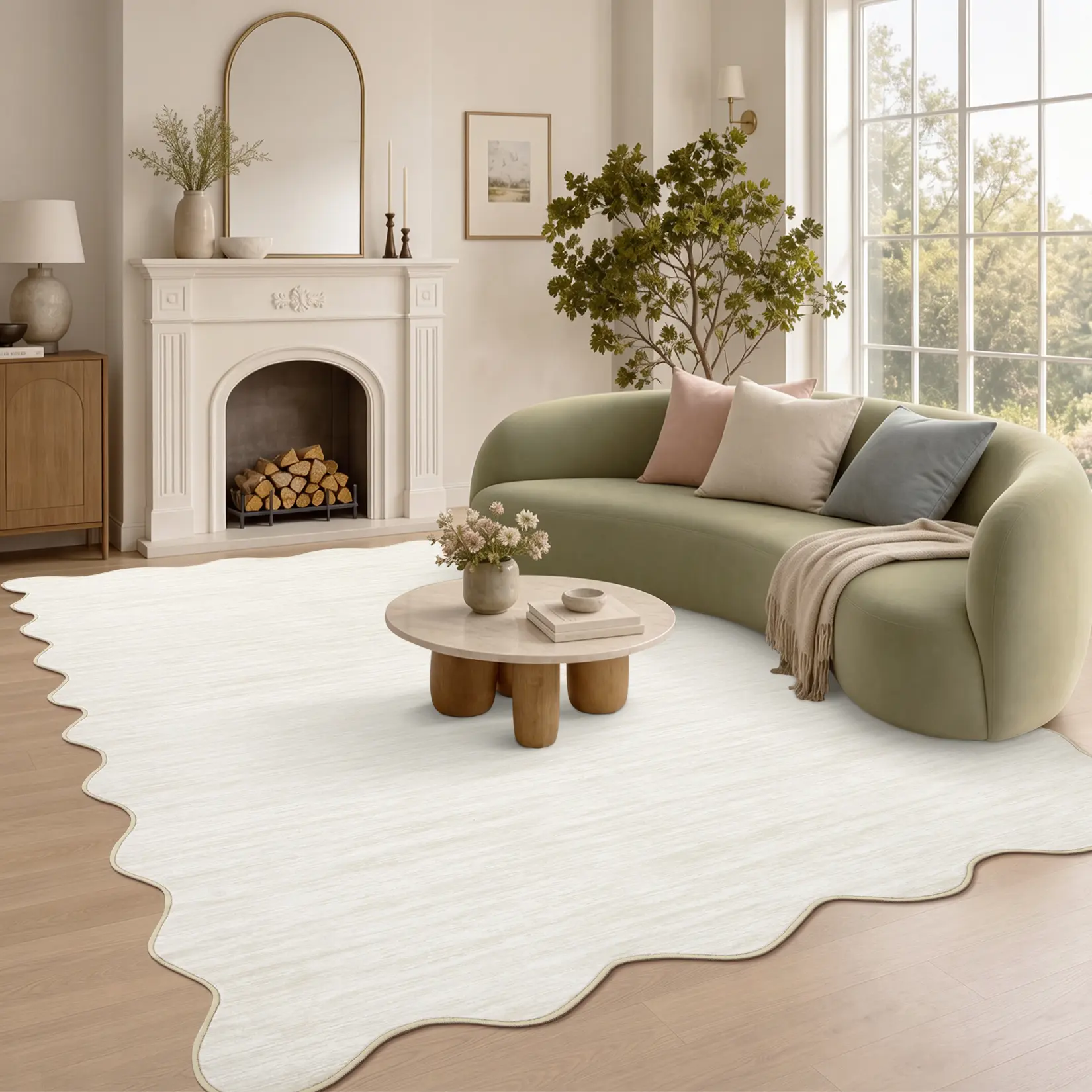 Washable Scalloped Solid Living Room Bedroom Rugs Indoor Modern Soft Non Slip Large Area Rug Low Pile Ultra Thin Floor Carpet for Farmhouse Dining Room Home Decor Rugs