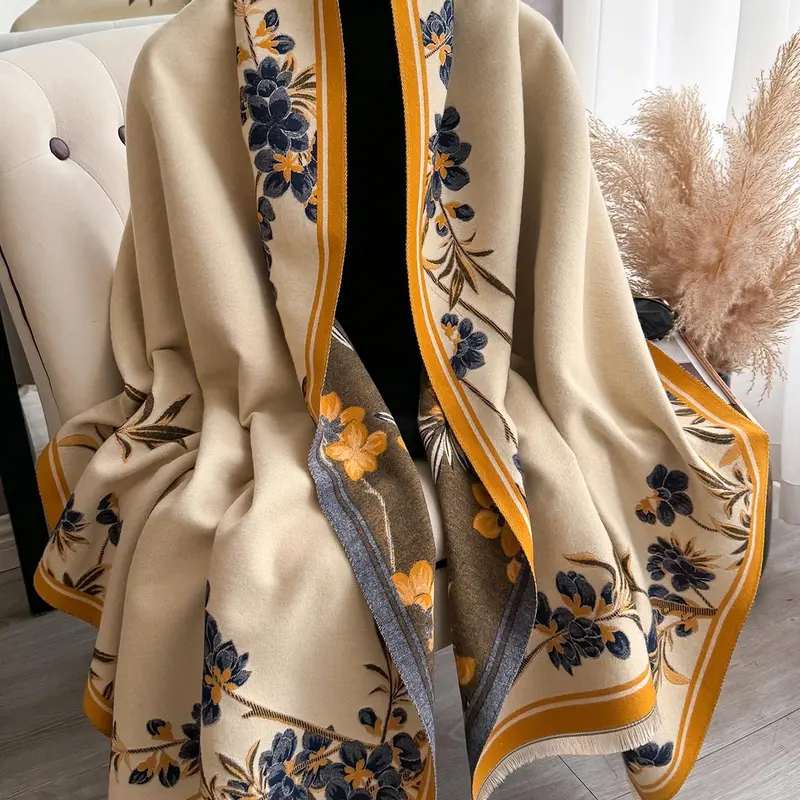 Elegant Floral Knit Scarf for Women, Boho Style Double-Sided Shawl, Fall & Winter Warm Daily Wear, Fitted Design, Boho Floral Scarves #GLOBAL PICKS