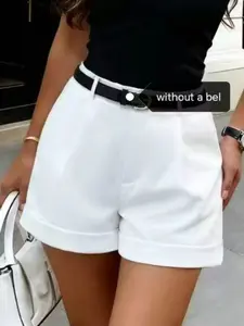 Spring Summer Plain Color Casual Shorts, Bottom, Slim-Fitting High Waist Women's Pants, Fashion Versatile Female Clothing, No Belt Included